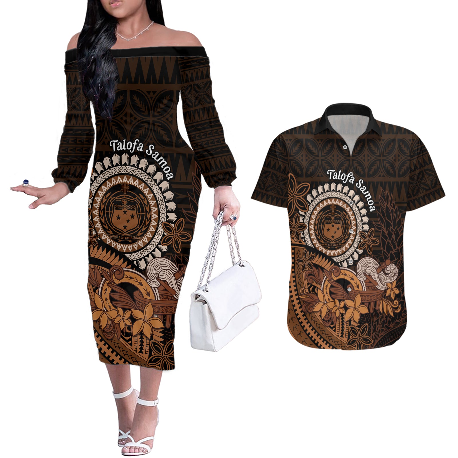 Talofa Samoa Couples Matching Off The Shoulder Long Sleeve Dress and Hawaiian Shirt Samoan Kava Bowl Siapo Pattern - Brown LT14 Brown - Polynesian Pride