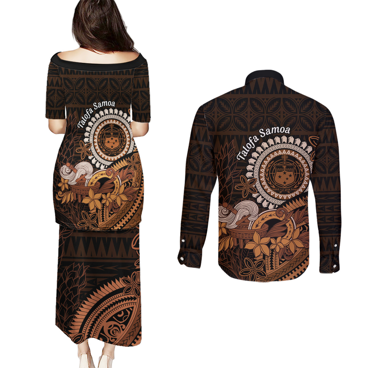 Talofa Samoa Couples Matching Puletasi Dress and Long Sleeve Button Shirt Samoan Kava Bowl Siapo Pattern - Brown LT14 - Polynesian Pride