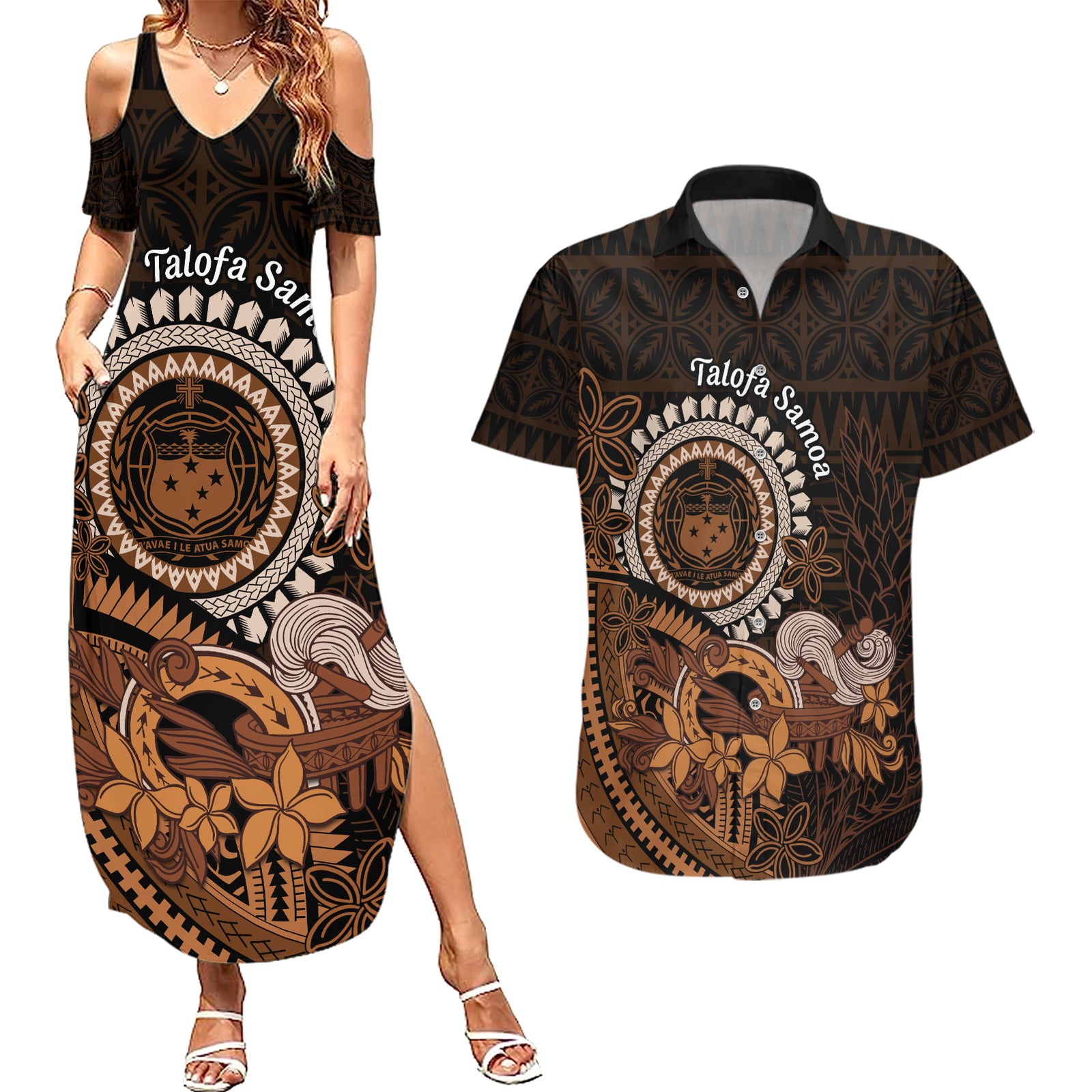 Talofa Samoa Couples Matching Summer Maxi Dress and Hawaiian Shirt Samoan Kava Bowl Siapo Pattern - Brown LT14 Brown - Polynesian Pride