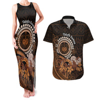 Talofa Samoa Couples Matching Tank Maxi Dress and Hawaiian Shirt Samoan Kava Bowl Siapo Pattern - Brown LT14 Brown - Polynesian Pride