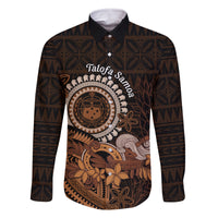 Talofa Samoa Family Matching Long Sleeve Bodycon Dress and Hawaiian Shirt Samoan Kava Bowl Siapo Pattern - Brown LT14 Dad's Shirt - Long Sleeve Brown - Polynesian Pride