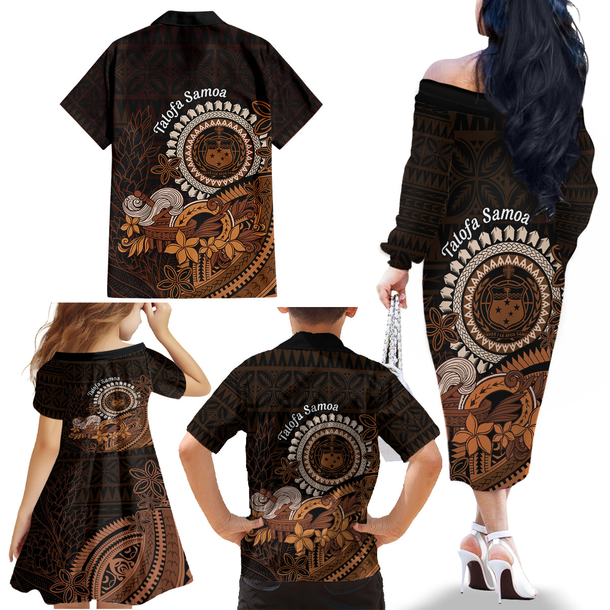 Talofa Samoa Family Matching Off Shoulder Long Sleeve Dress and Hawaiian Shirt Samoan Kava Bowl Siapo Pattern - Brown LT14 - Polynesian Pride