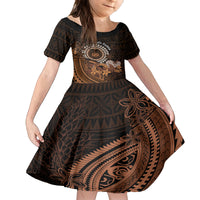 Talofa Samoa Family Matching Off Shoulder Short Dress and Hawaiian Shirt Samoan Kava Bowl Siapo Pattern - Brown LT14 Daughter's Dress Brown - Polynesian Pride