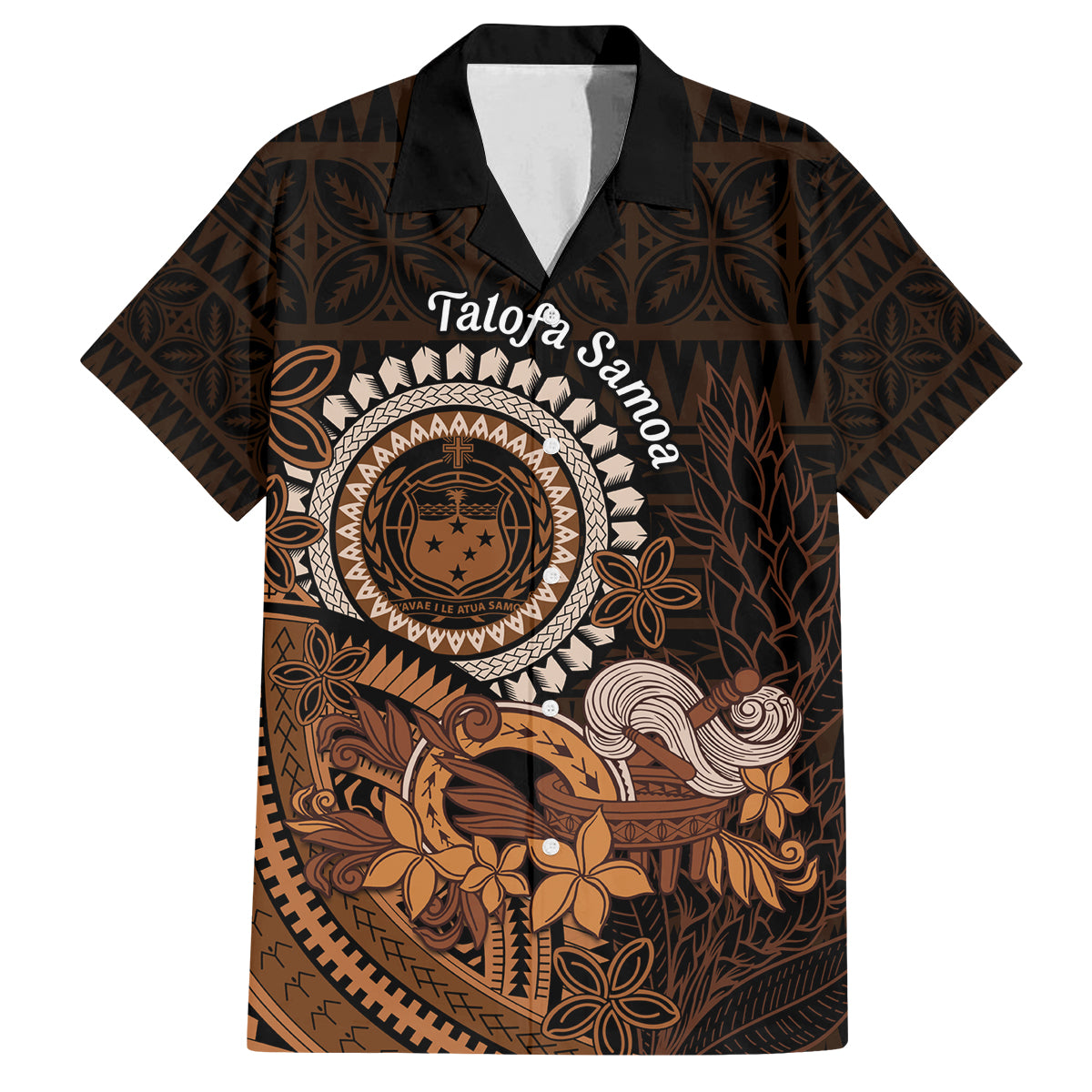 Talofa Samoa Family Matching Off Shoulder Short Dress and Hawaiian Shirt Samoan Kava Bowl Siapo Pattern - Brown LT14 Dad's Shirt - Short Sleeve Brown - Polynesian Pride
