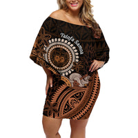 Talofa Samoa Family Matching Off Shoulder Short Dress and Hawaiian Shirt Samoan Kava Bowl Siapo Pattern - Brown LT14 Mom's Dress Brown - Polynesian Pride