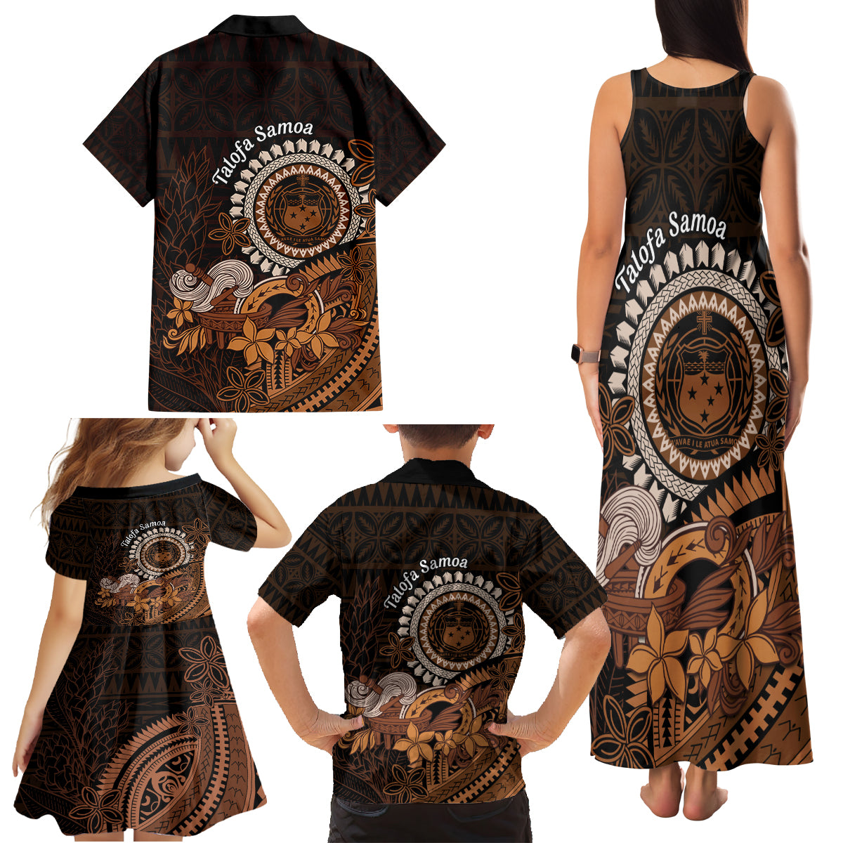 Talofa Samoa Family Matching Tank Maxi Dress and Hawaiian Shirt Samoan Kava Bowl Siapo Pattern - Brown LT14 - Polynesian Pride