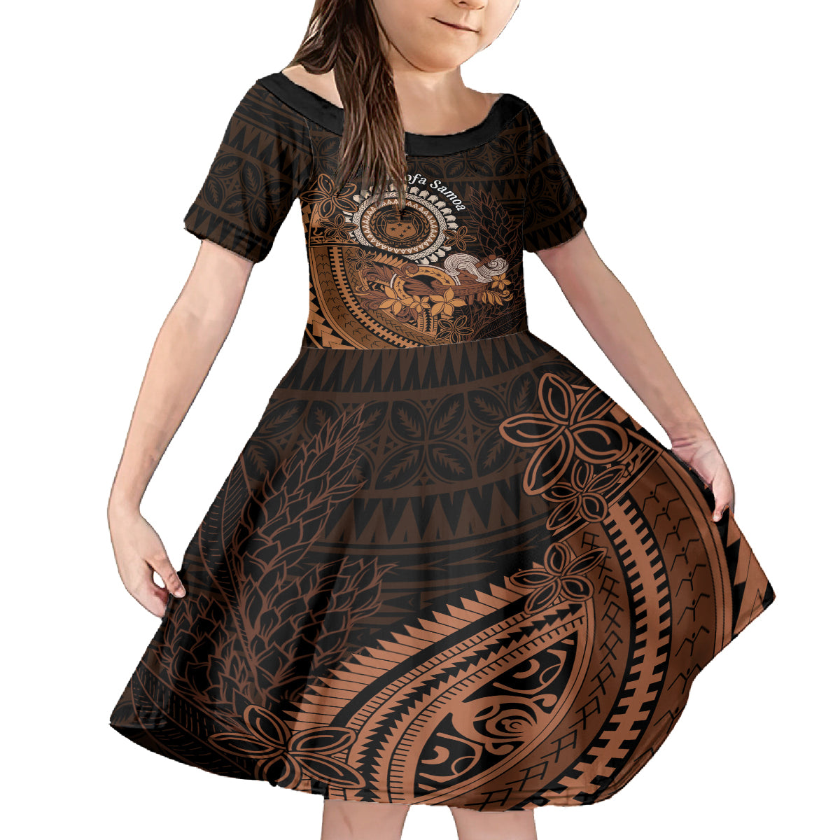 Talofa Samoa Kid Short Sleeve Dress Samoan Kava Bowl Siapo Pattern - Brown LT14 KID Brown - Polynesian Pride