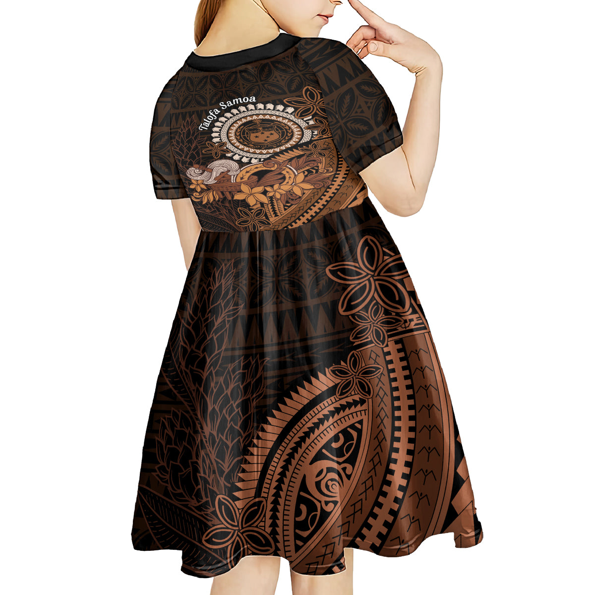 Talofa Samoa Kid Short Sleeve Dress Samoan Kava Bowl Siapo Pattern - Brown LT14 - Polynesian Pride