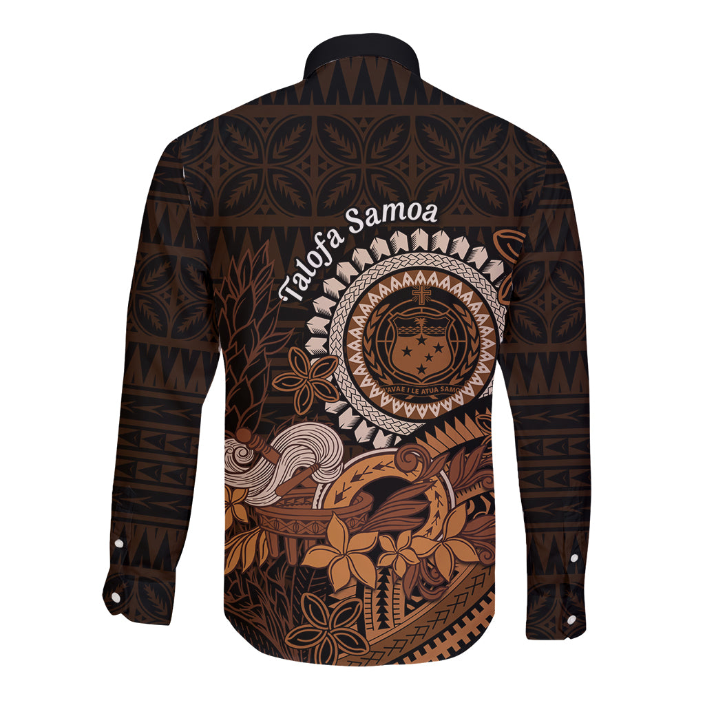 Talofa Samoa Long Sleeve Button Shirt Samoan Kava Bowl Siapo Pattern - Brown LT14 - Polynesian Pride