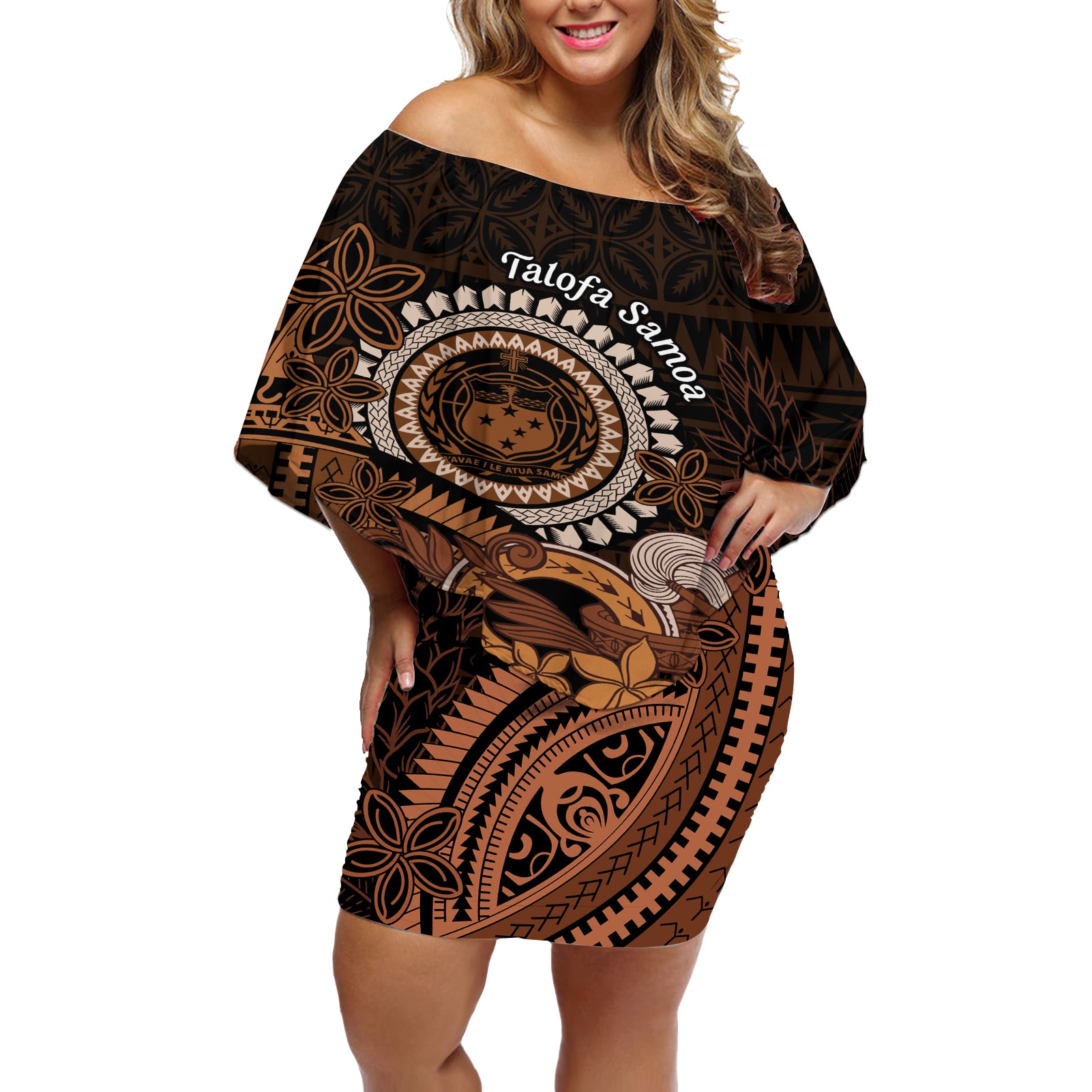 Talofa Samoa Off Shoulder Short Dress Samoan Kava Bowl Siapo Pattern - Brown LT14 Women Brown - Polynesian Pride