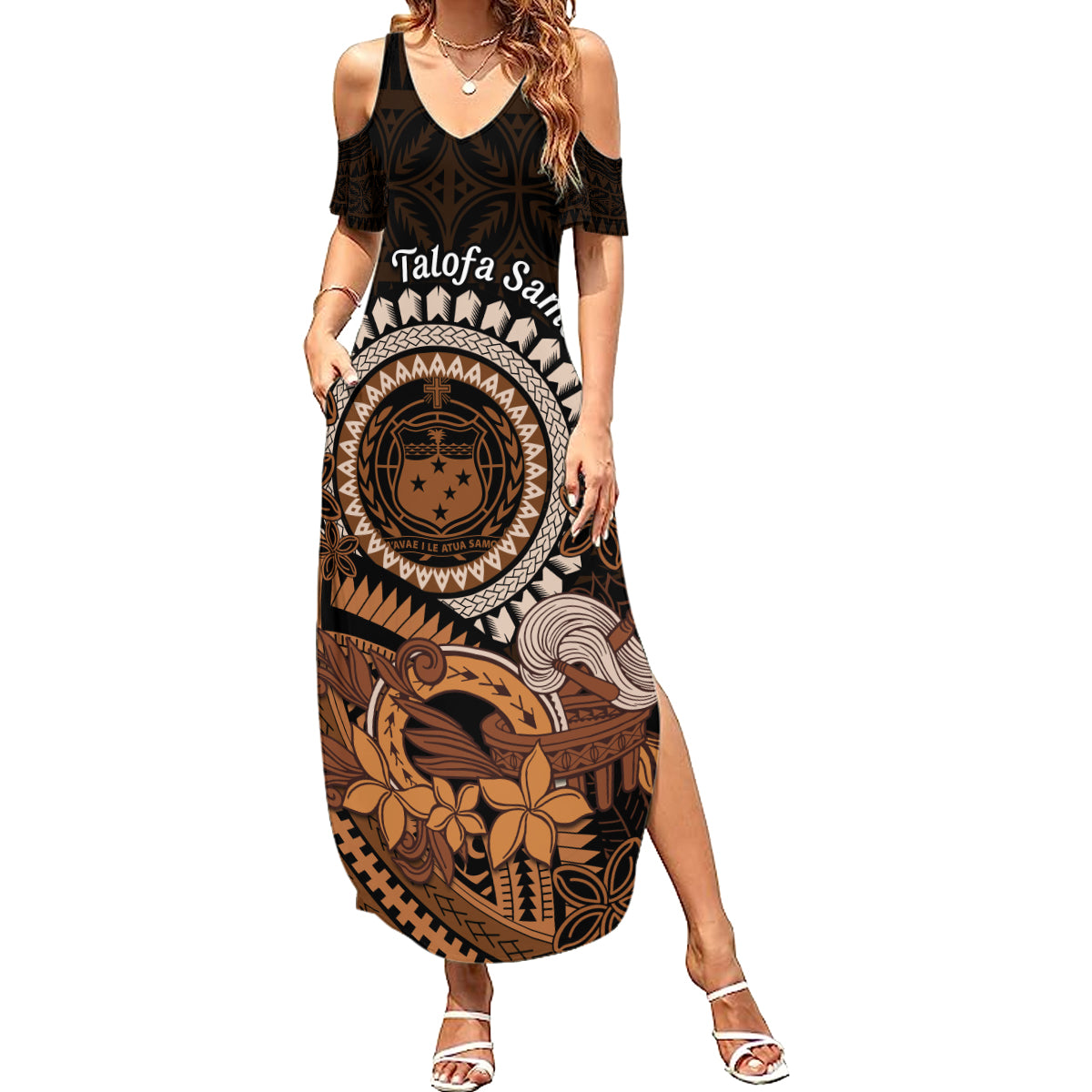 Talofa Samoa Summer Maxi Dress Samoan Kava Bowl Siapo Pattern - Brown LT14 Women Brown - Polynesian Pride