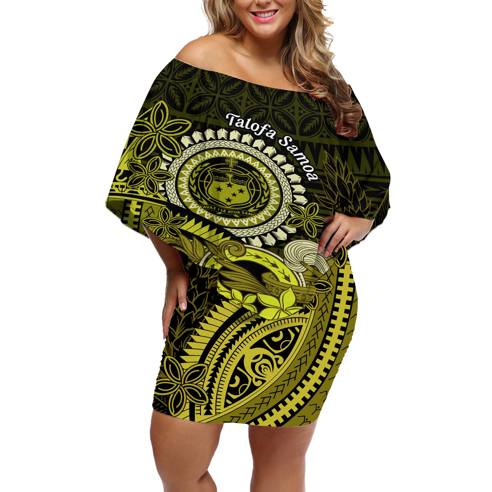 Lime Green Talofa Samoa Off Shoulder Short Dress Samoan Kava Bowl Siapo Pattern LT14 Women Lime Green - Polynesian Pride