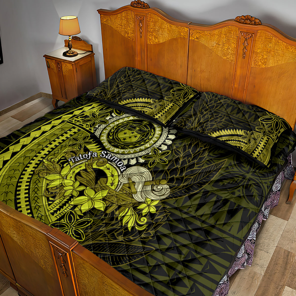 Lime Green Talofa Samoa Quilt Bed Set Samoan Kava Bowl Siapo Pattern LT14 - Polynesian Pride
