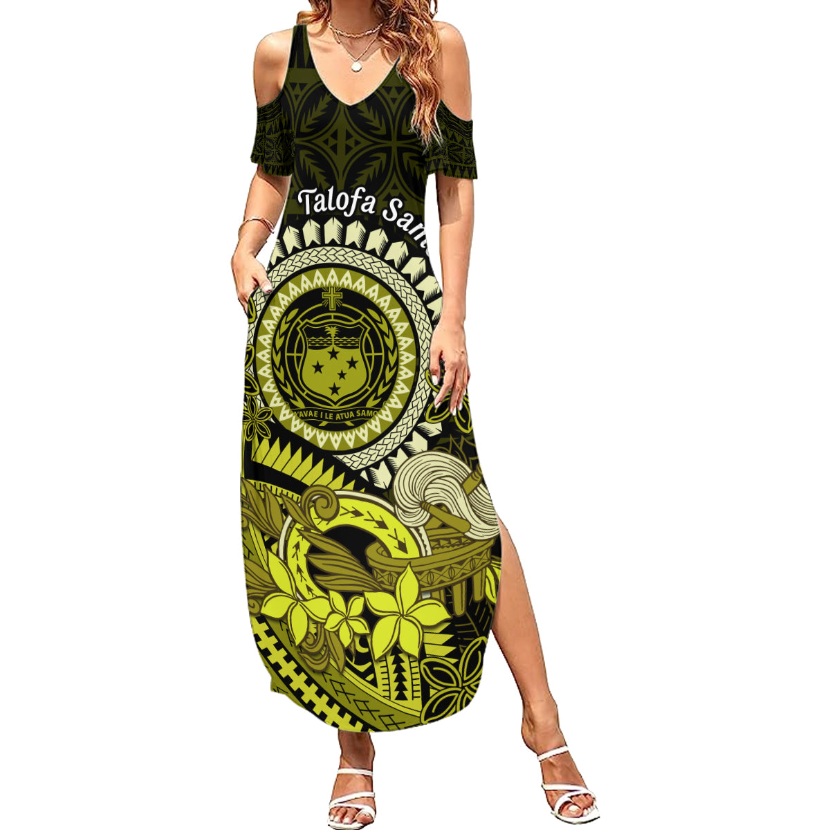 Lime Green Talofa Samoa Summer Maxi Dress Samoan Kava Bowl Siapo Pattern LT14 Women Lime Green - Polynesian Pride