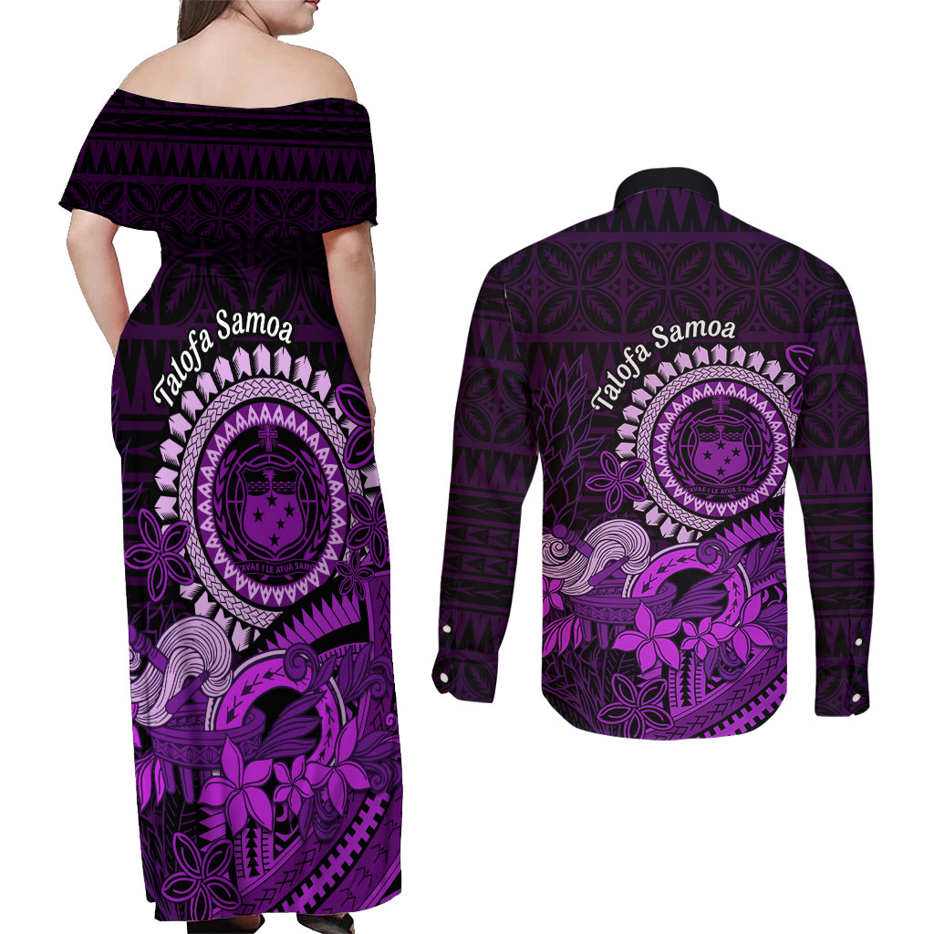 Purple Talofa Samoa Couples Matching Off Shoulder Maxi Dress and Long Sleeve Button Shirt Samoan Kava Bowl Siapo Pattern LT14 - Polynesian Pride