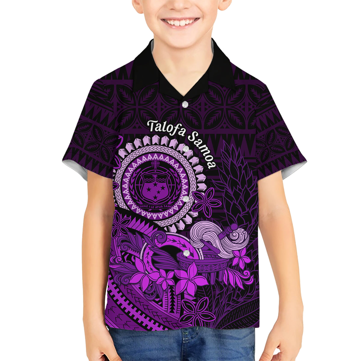 Purple Talofa Samoa Family Matching Short Sleeve Bodycon Dress and Hawaiian Shirt Samoan Kava Bowl Siapo Pattern LT14 Son's Shirt Purple - Polynesian Pride