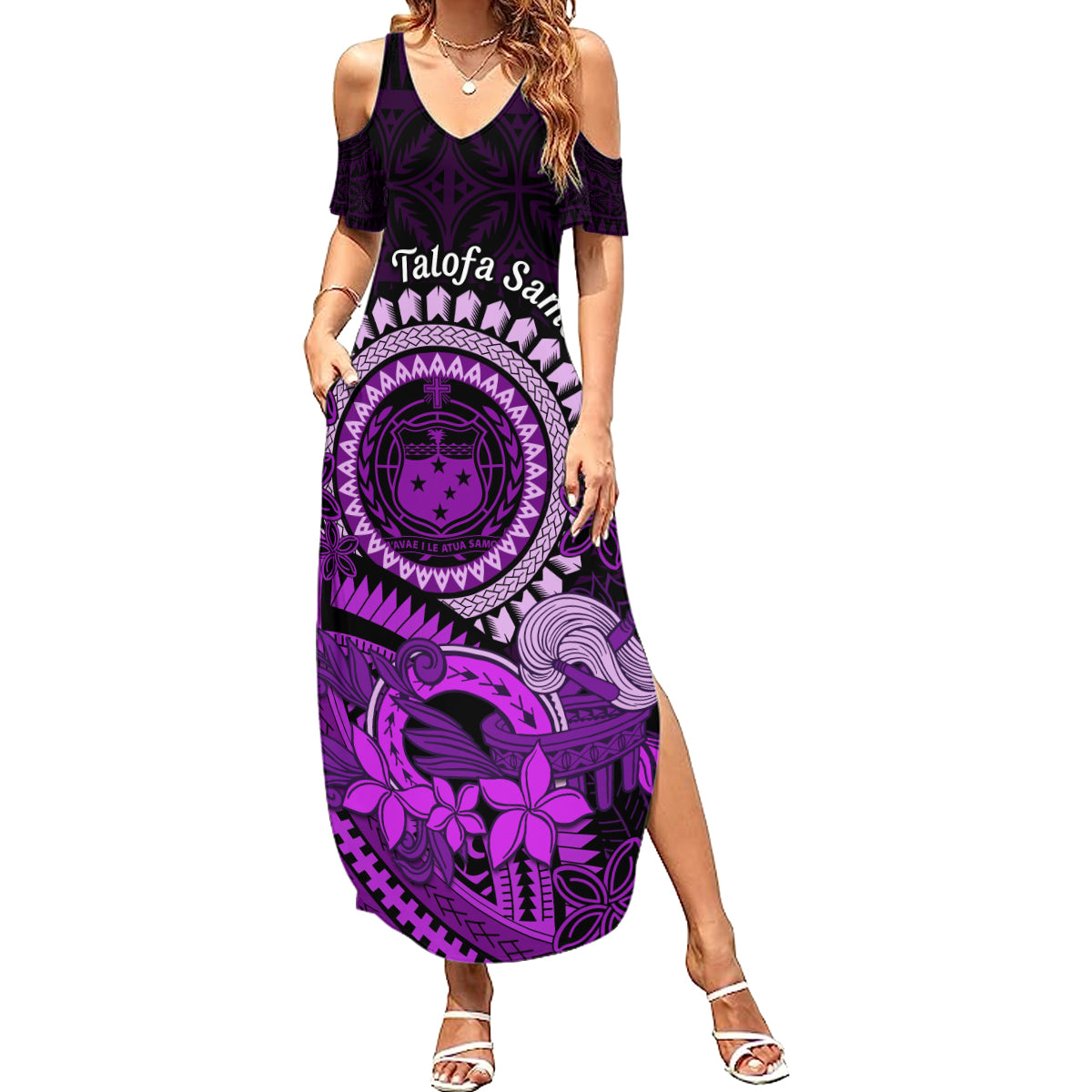 Purple Talofa Samoa Summer Maxi Dress Samoan Kava Bowl Siapo Pattern LT14 Women Purple - Polynesian Pride