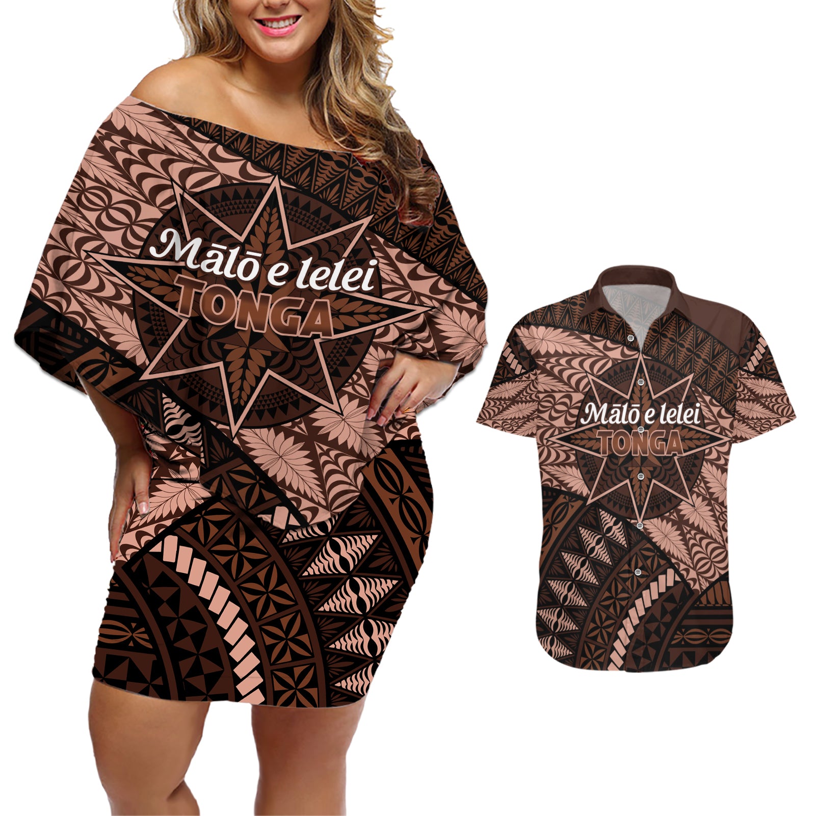 Malo e lelei Tonga Couples Matching Off Shoulder Short Dress and Hawaiian Shirt Tongan Ngatu Pattern Vintage Vibes LT14 Brown - Polynesian Pride