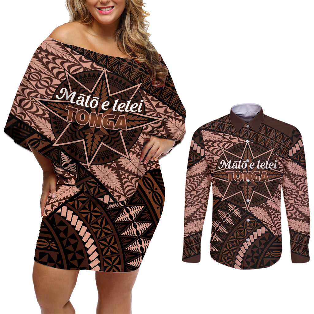 Malo e lelei Tonga Couples Matching Off Shoulder Short Dress and Long Sleeve Button Shirt Tongan Ngatu Pattern Vintage Vibes LT14 Brown - Polynesian Pride