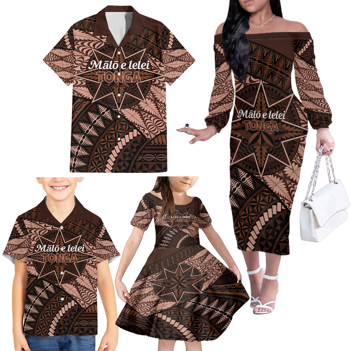 Malo e lelei Tonga Family Matching Off Shoulder Long Sleeve Dress and Hawaiian Shirt Tongan Ngatu Pattern Vintage Vibes LT14 - Polynesian Pride