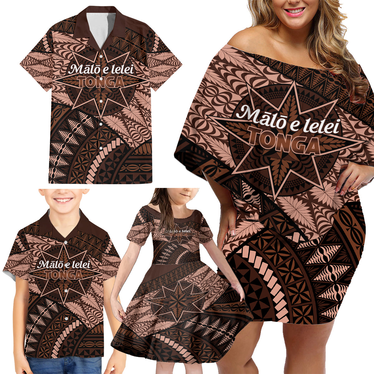 Malo e lelei Tonga Family Matching Off Shoulder Short Dress and Hawaiian Shirt Tongan Ngatu Pattern Vintage Vibes LT14 - Polynesian Pride