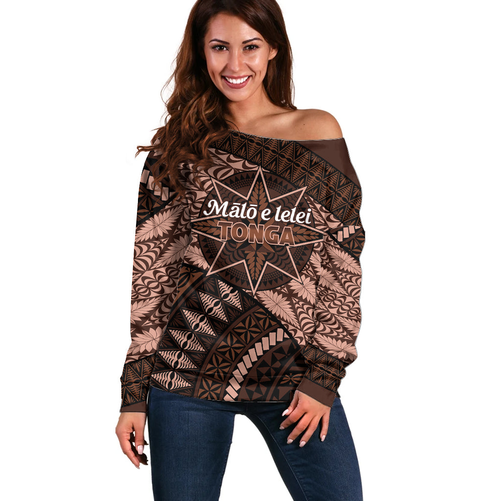 Malo e lelei Tonga Off Shoulder Sweater Tongan Ngatu Pattern Vintage Vibes LT14 Women Brown - Polynesian Pride