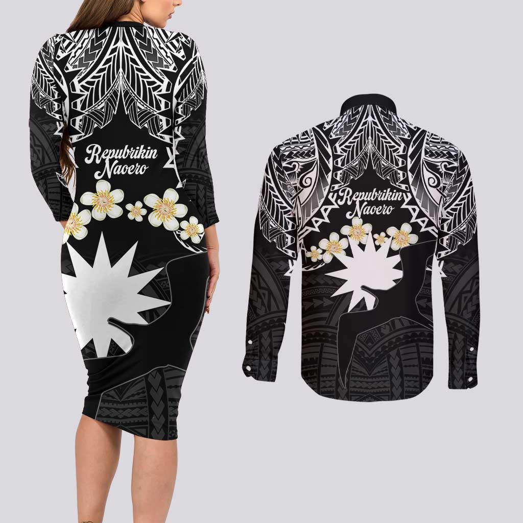 Ekamowir Omo Nauru Couples Matching Long Sleeve Bodycon Dress and Long Sleeve Button Shirt Naoero Twelve-pointed Star Polynesian Tattoo