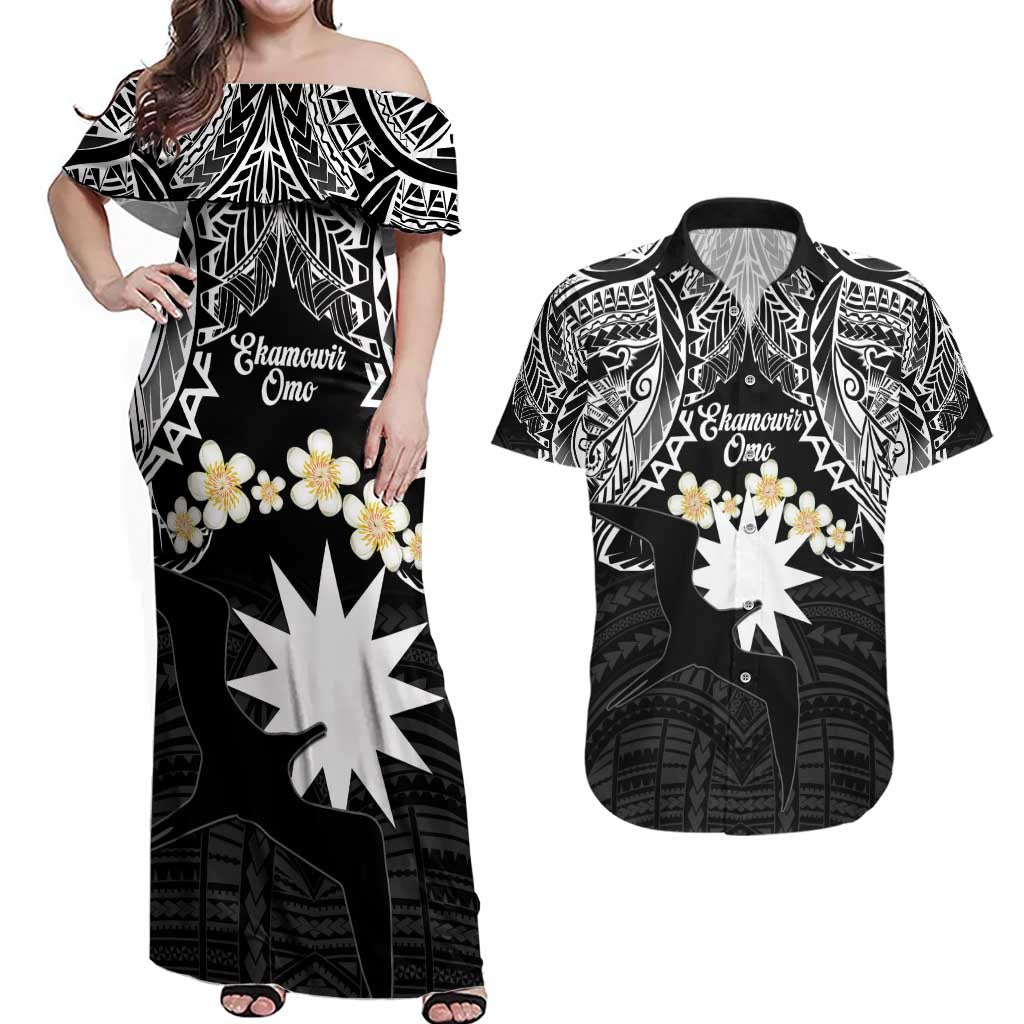 Ekamowir Omo Nauru Couples Matching Off Shoulder Maxi Dress and Hawaiian Shirt Naoero Twelve-pointed Star Polynesian Tattoo