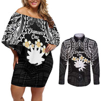 Ekamowir Omo Nauru Couples Matching Off Shoulder Short Dress and Long Sleeve Button Shirt Naoero Twelve-pointed Star Polynesian Tattoo