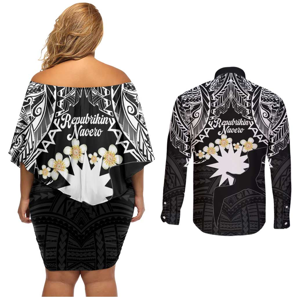 Ekamowir Omo Nauru Couples Matching Off Shoulder Short Dress and Long Sleeve Button Shirt Naoero Twelve-pointed Star Polynesian Tattoo