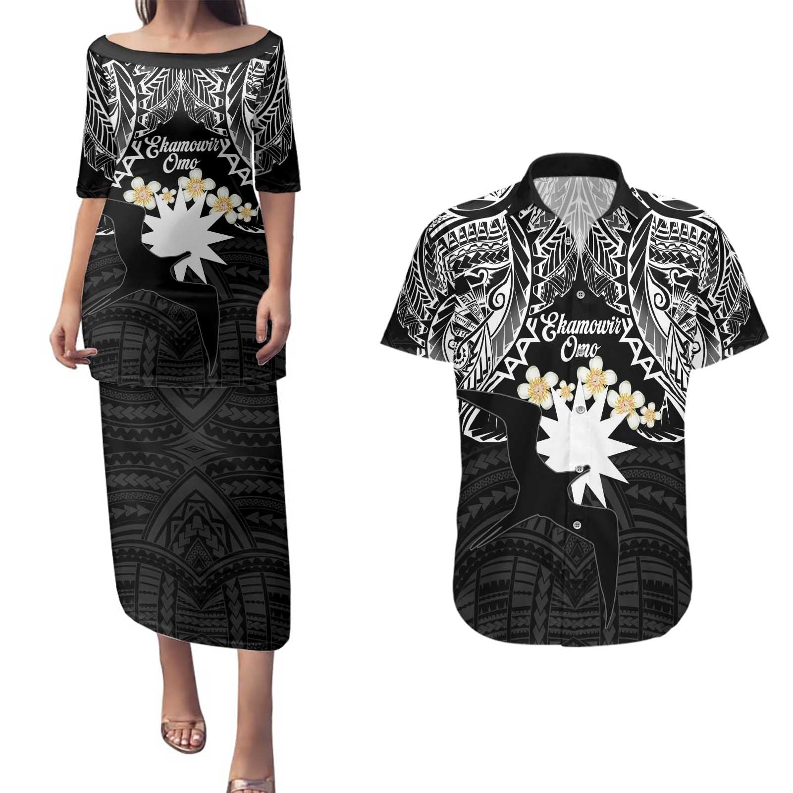 Ekamowir Omo Nauru Couples Matching Puletasi and Hawaiian Shirt Naoero Twelve-pointed Star Polynesian Tattoo