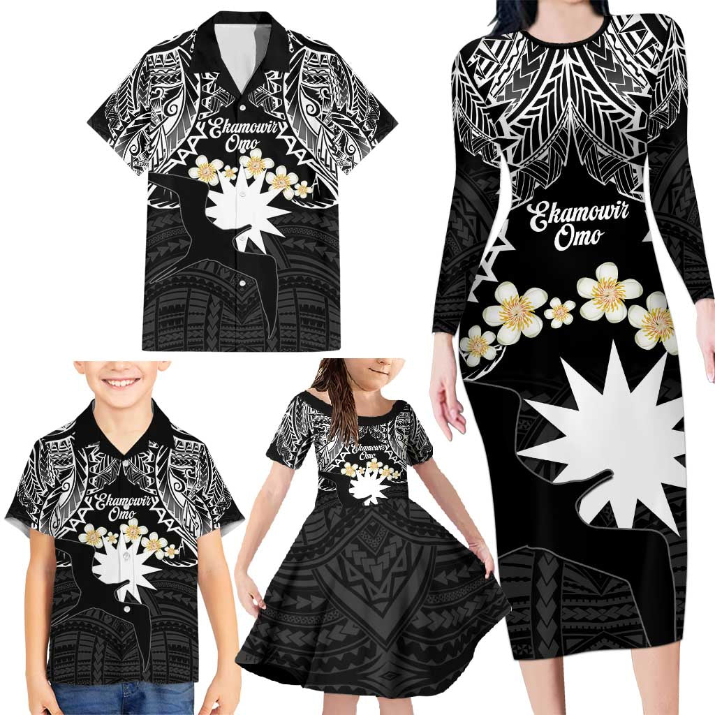 Ekamowir Omo Nauru Family Matching Long Sleeve Bodycon Dress and Hawaiian Shirt Naoero Twelve-pointed Star Polynesian Tattoo