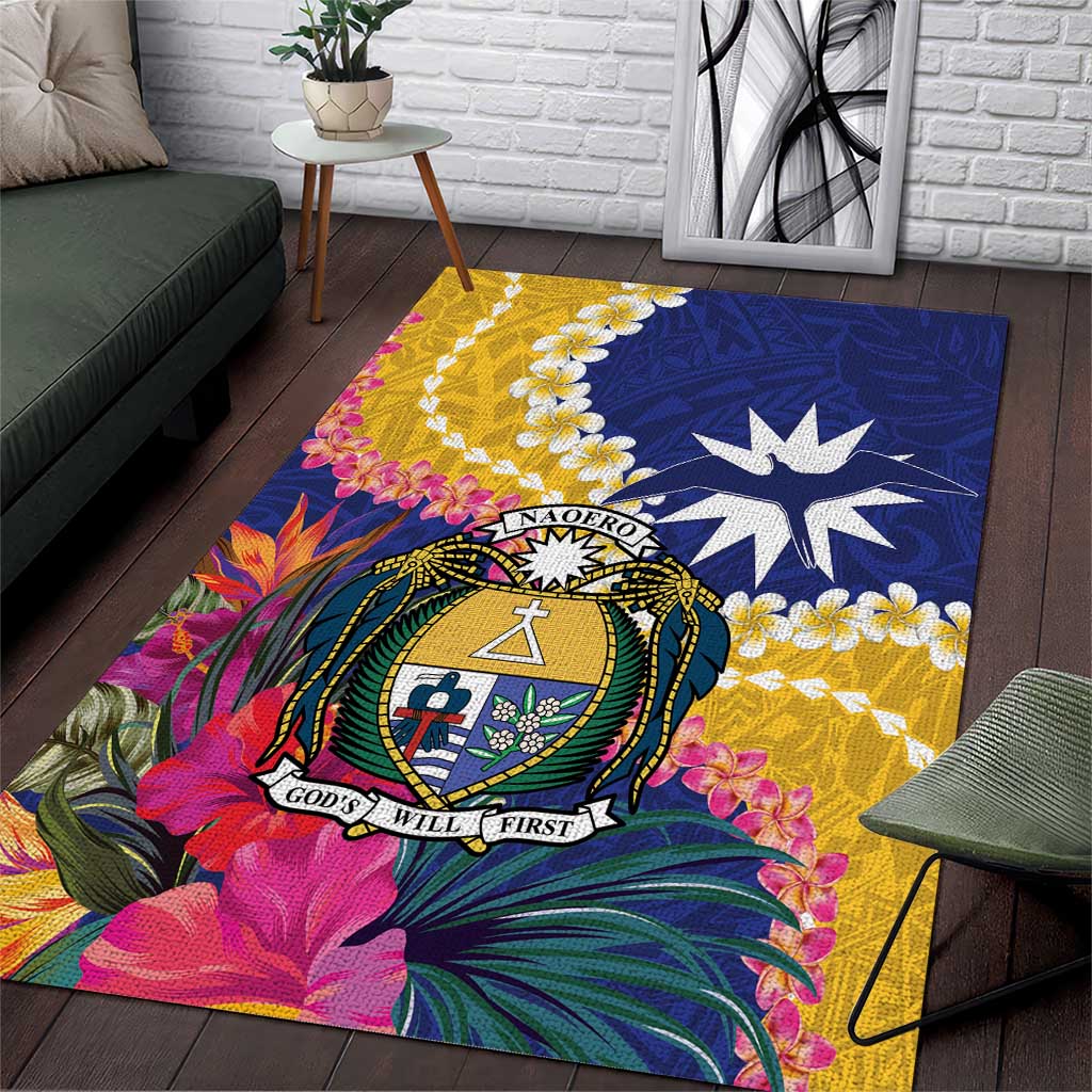 Nauru Independence Day Area Rug Coat Of Arms With Tropical Flowers