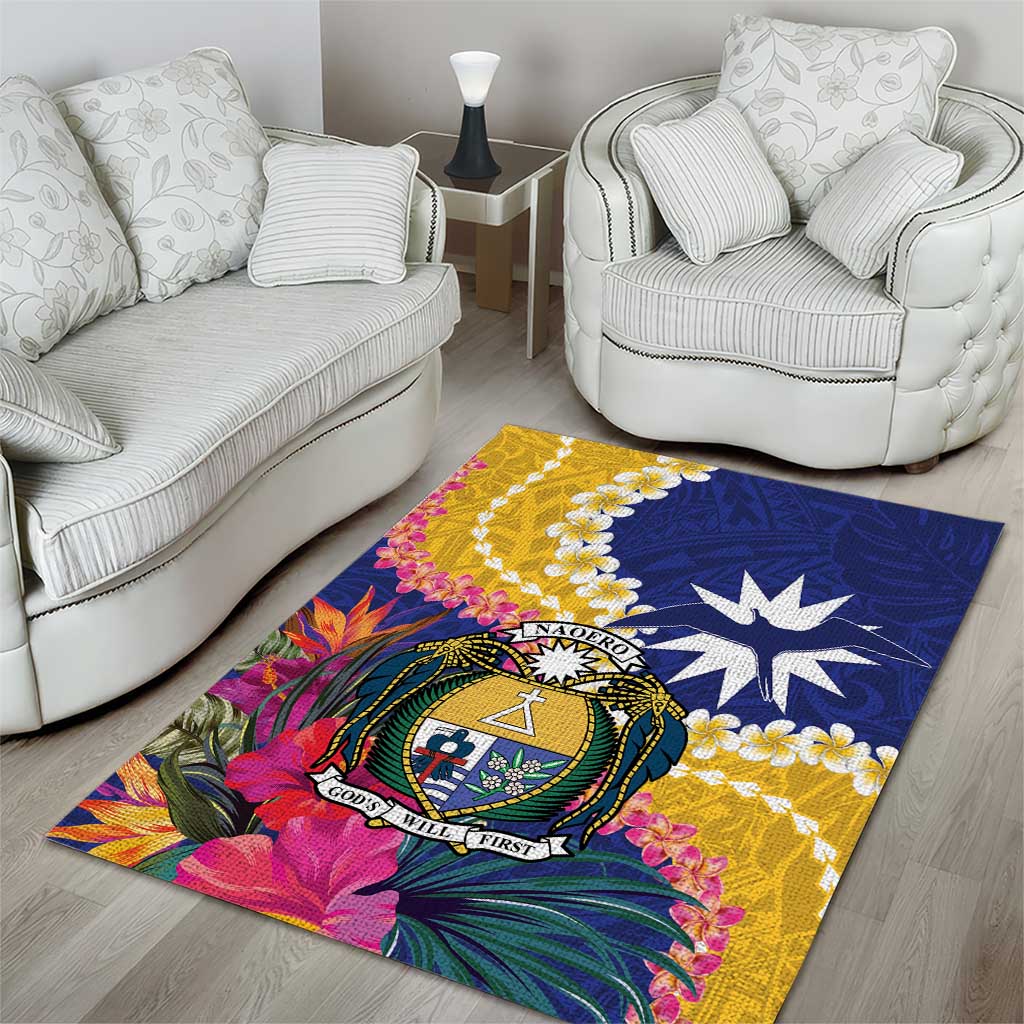 Nauru Independence Day Area Rug Coat Of Arms With Tropical Flowers