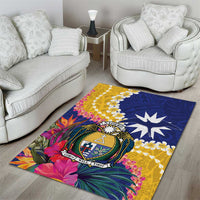 Nauru Independence Day Area Rug Coat Of Arms With Tropical Flowers