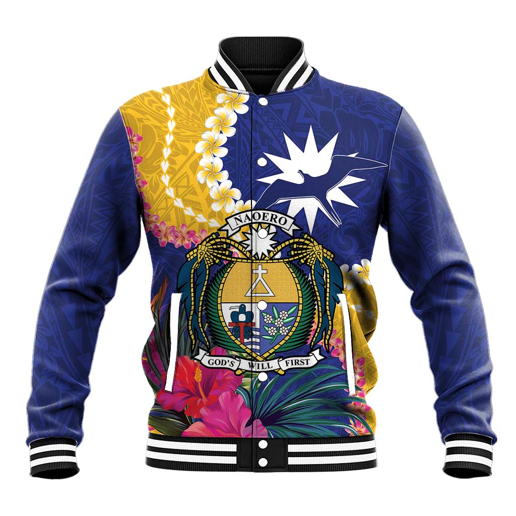 Nauru Independence Day Baseball Jacket Coat Of Arms With Tropical Flowers