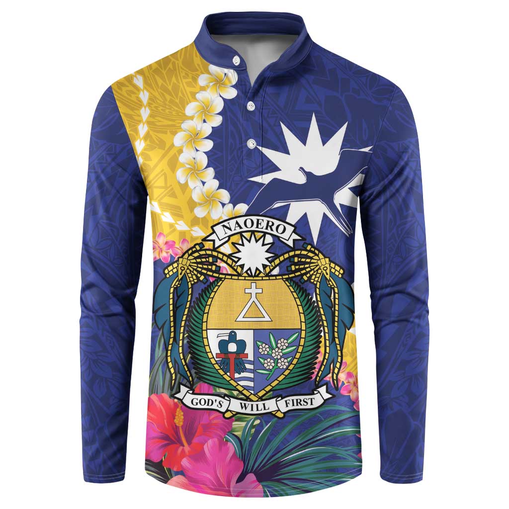 Nauru Independence Day Button Sweatshirt Coat Of Arms With Tropical Flowers