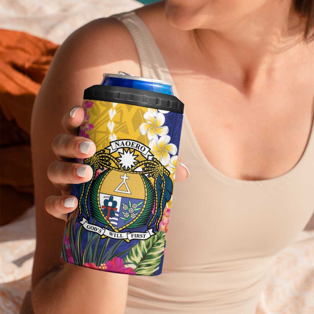 Nauru Independence Day 4 in 1 Can Cooler Tumbler Coat Of Arms With Tropical Flowers