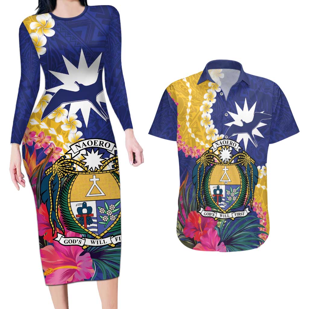 Nauru Independence Day Couples Matching Long Sleeve Bodycon Dress and Hawaiian Shirt Coat Of Arms With Tropical Flowers