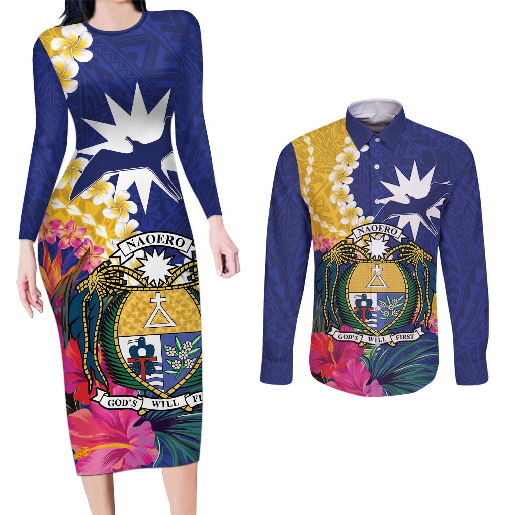 Nauru Independence Day Couples Matching Long Sleeve Bodycon Dress and Long Sleeve Button Shirt Coat Of Arms With Tropical Flowers