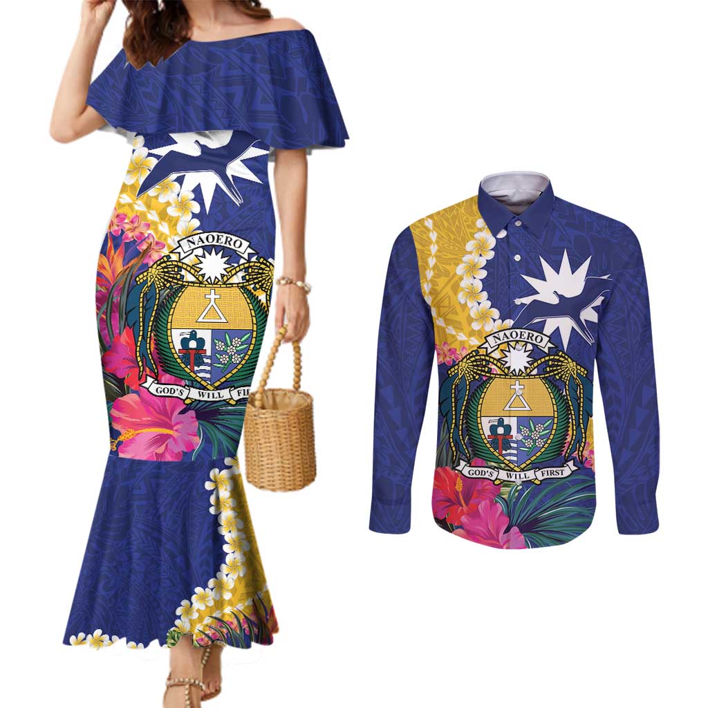 Nauru Independence Day Couples Matching Mermaid Dress and Long Sleeve Button Shirt Coat Of Arms With Tropical Flowers