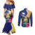 Nauru Independence Day Couples Matching Mermaid Dress and Long Sleeve Button Shirt Coat Of Arms With Tropical Flowers