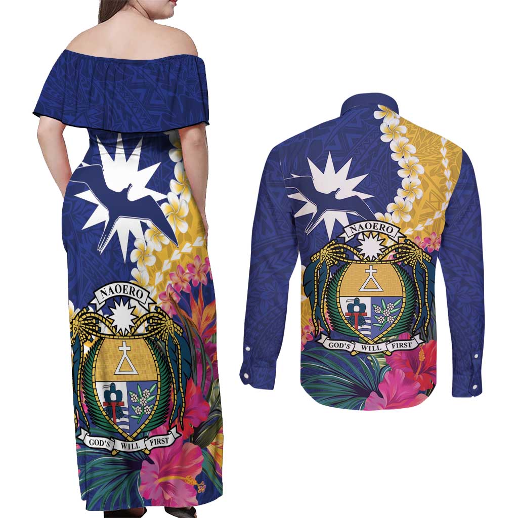 Nauru Independence Day Couples Matching Off Shoulder Maxi Dress and Long Sleeve Button Shirt Coat Of Arms With Tropical Flowers