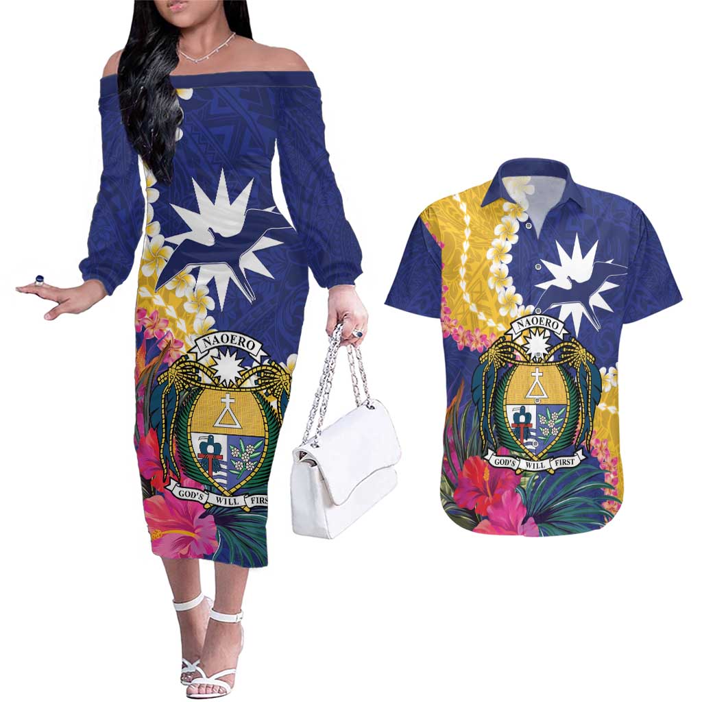 Nauru Independence Day Couples Matching Off The Shoulder Long Sleeve Dress and Hawaiian Shirt Coat Of Arms With Tropical Flowers