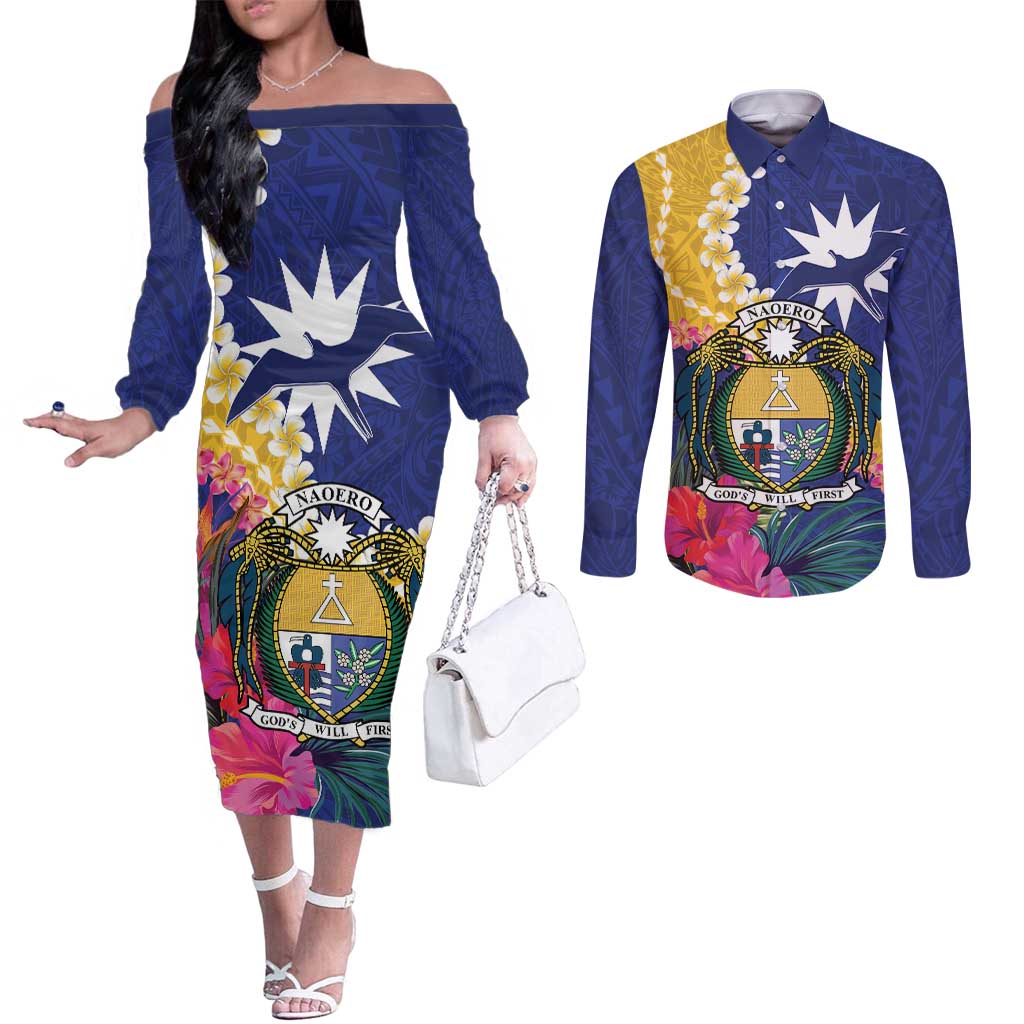 Nauru Independence Day Couples Matching Off The Shoulder Long Sleeve Dress and Long Sleeve Button Shirt Coat Of Arms With Tropical Flowers