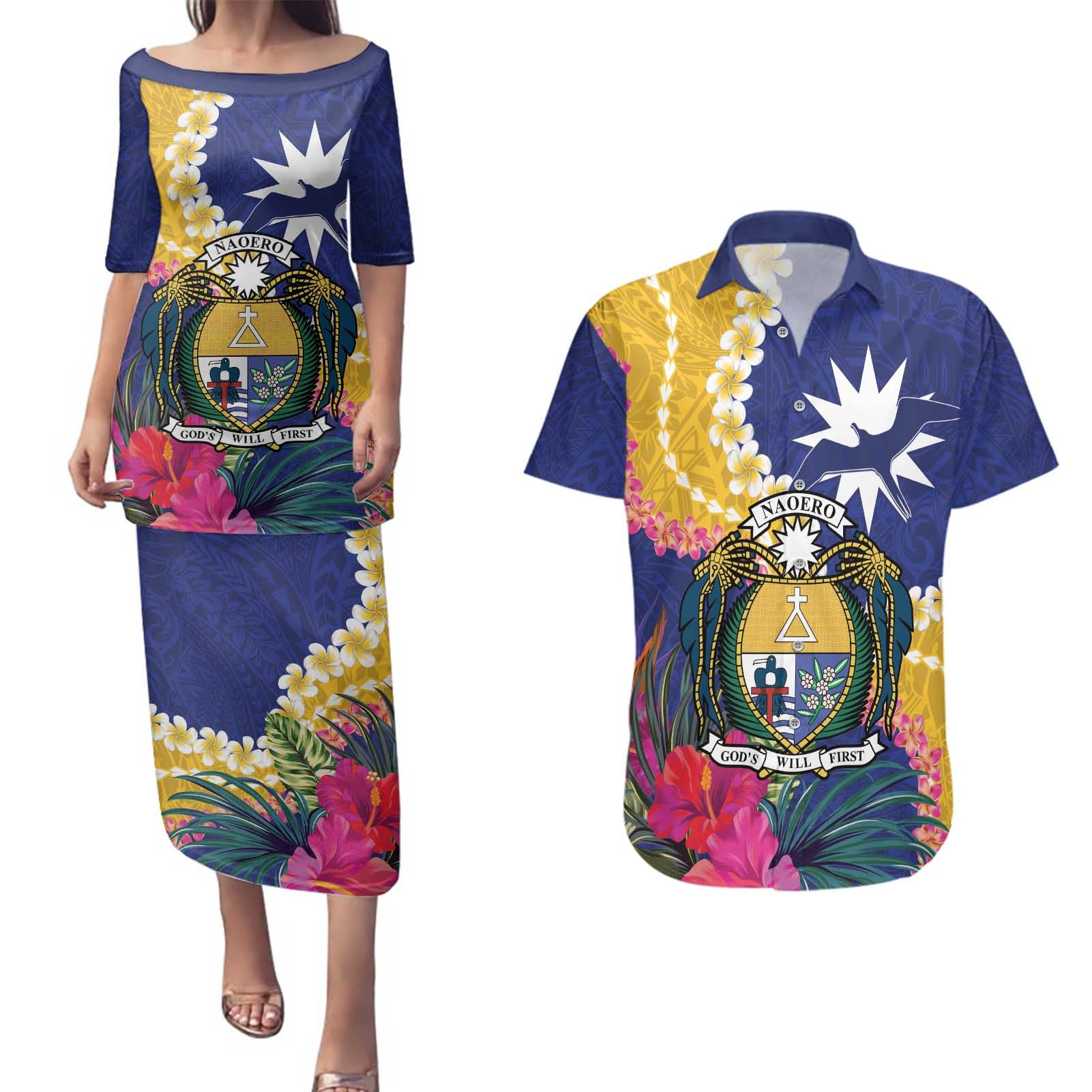 Nauru Independence Day Couples Matching Puletasi and Hawaiian Shirt Coat Of Arms With Tropical Flowers