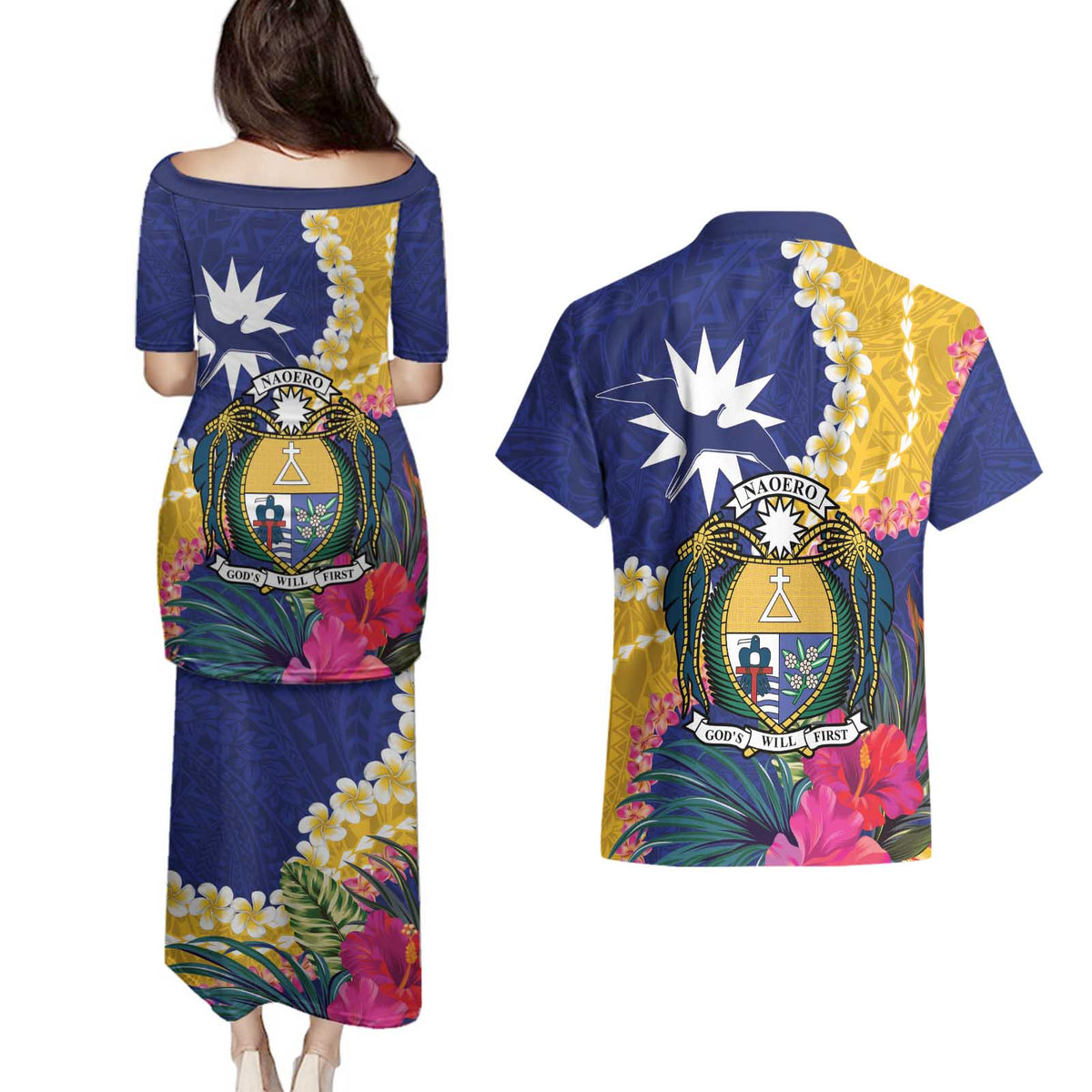 Nauru Independence Day Couples Matching Puletasi and Hawaiian Shirt Coat Of Arms With Tropical Flowers