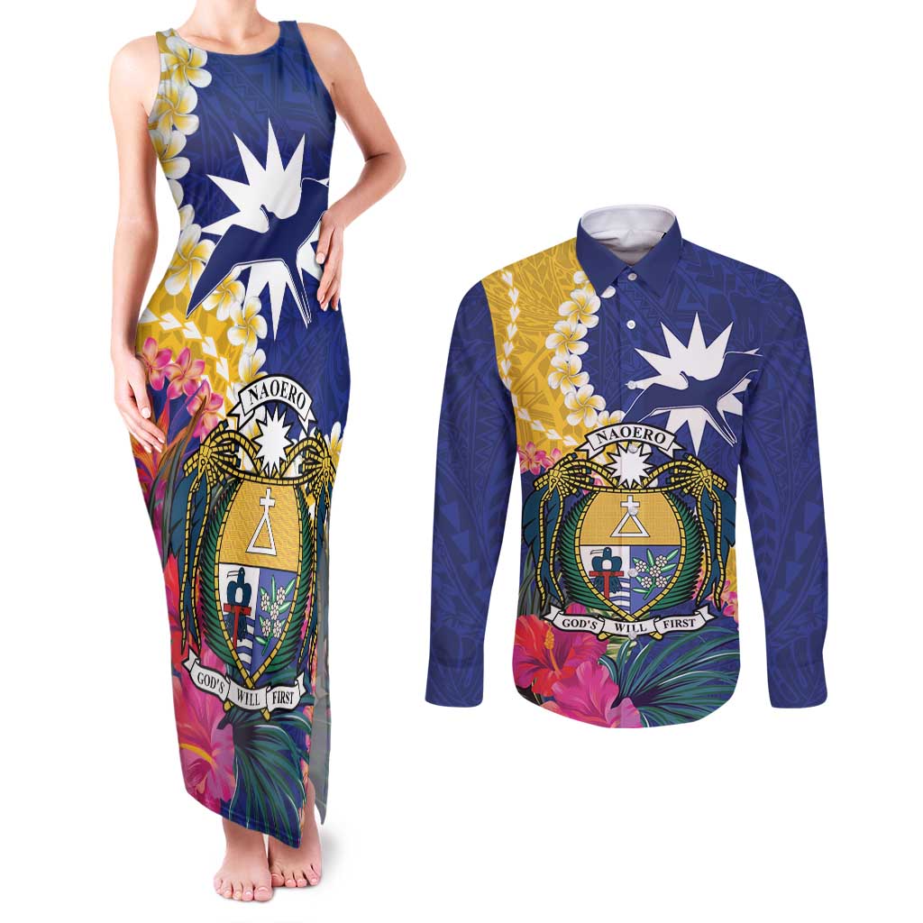 Nauru Independence Day Couples Matching Tank Maxi Dress and Long Sleeve Button Shirt Coat Of Arms With Tropical Flowers