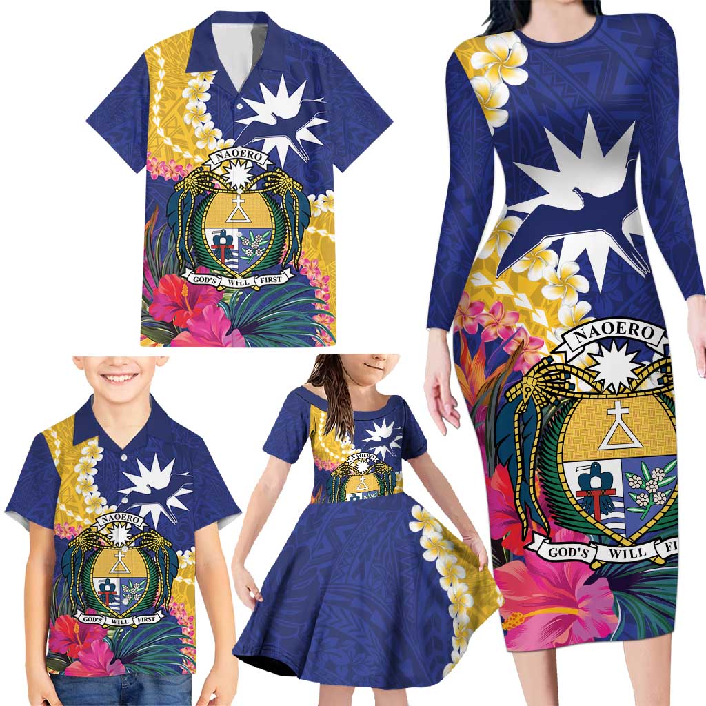 Nauru Independence Day Family Matching Long Sleeve Bodycon Dress and Hawaiian Shirt Coat Of Arms With Tropical Flowers