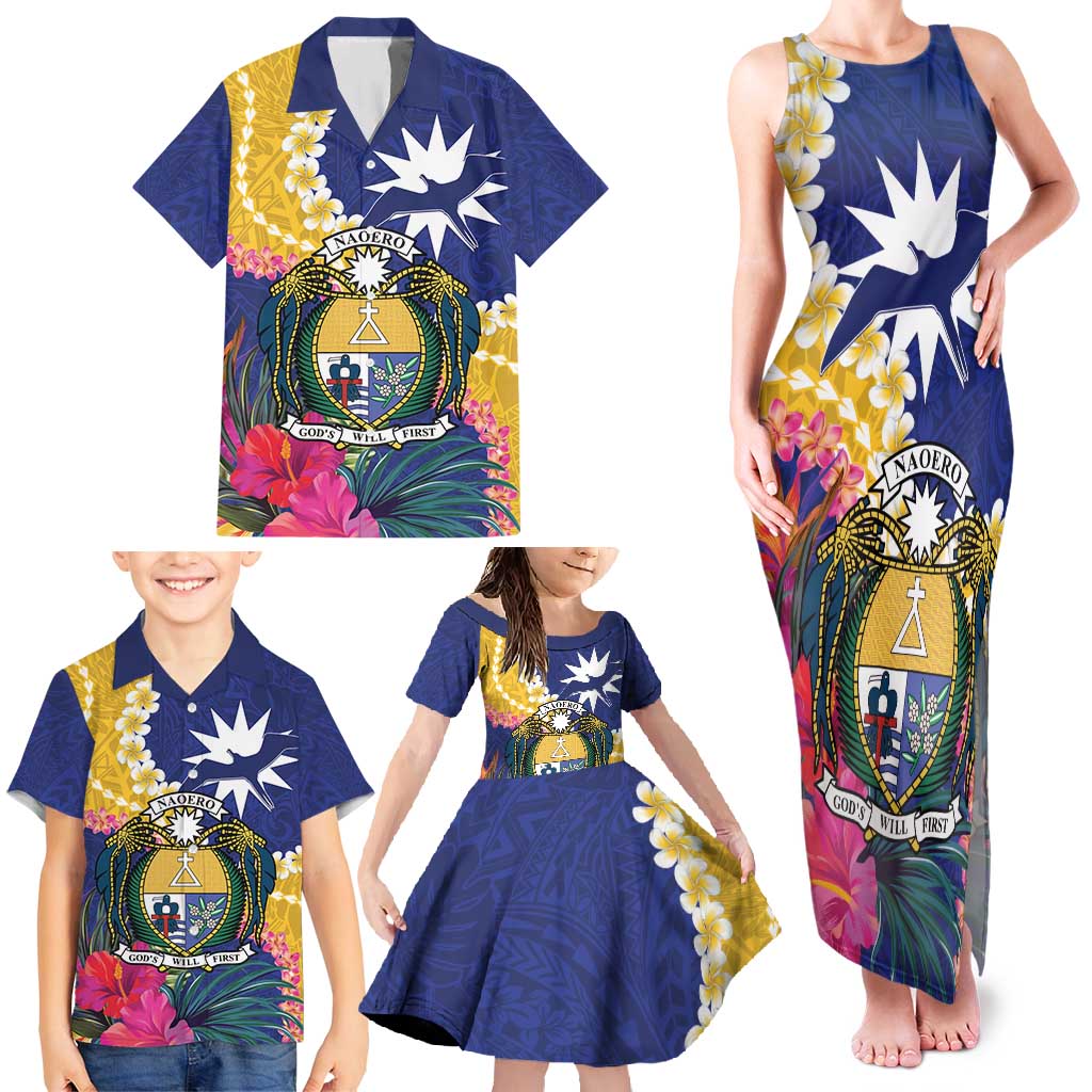 Nauru Independence Day Family Matching Tank Maxi Dress and Hawaiian Shirt Coat Of Arms With Tropical Flowers